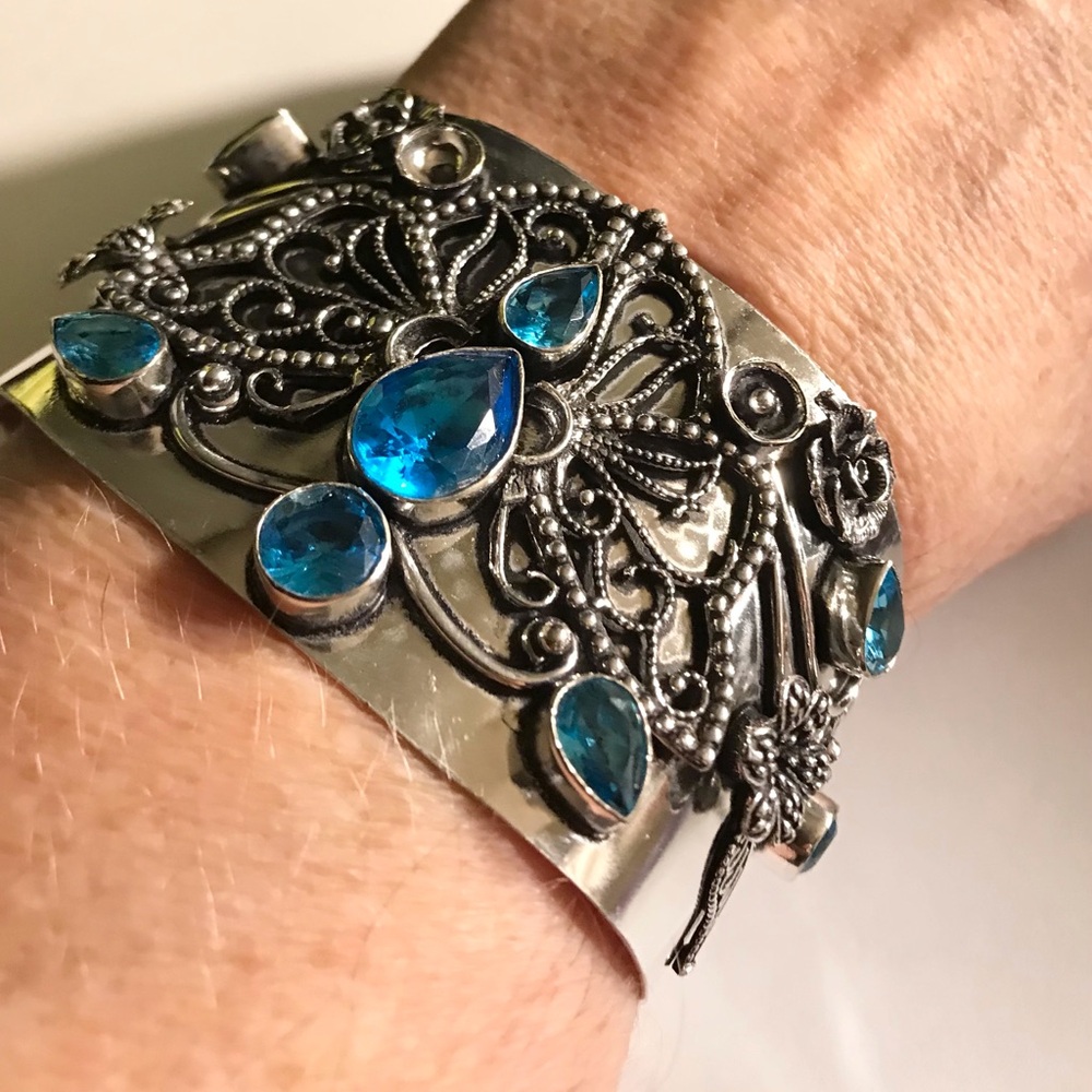 Blue Topaz Stamped Solid 925 Sterling Silver Cuff Bracelet